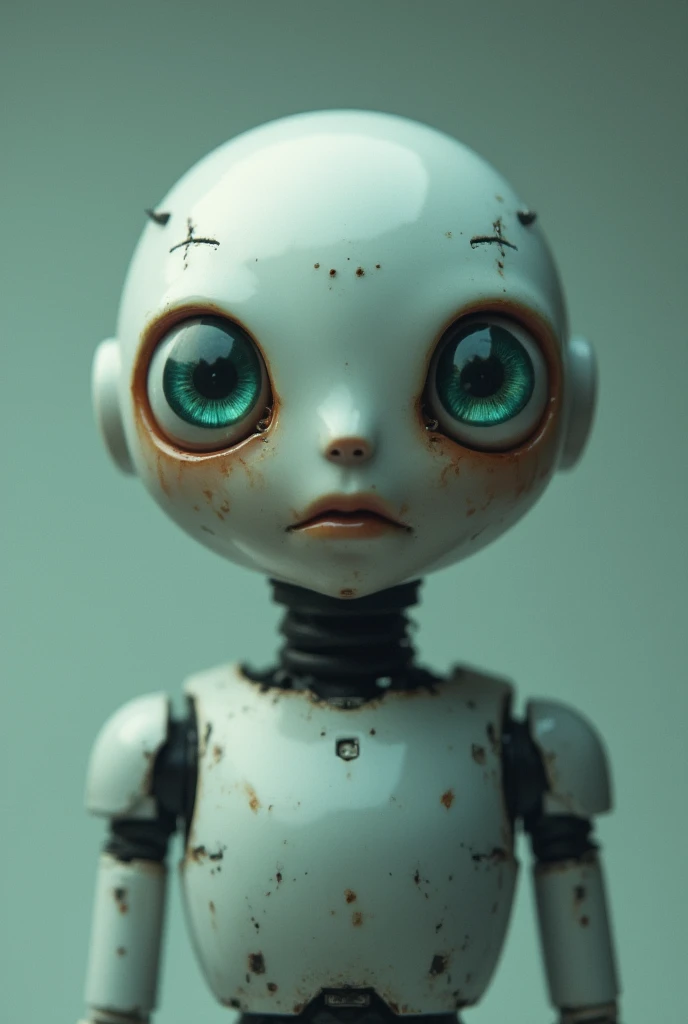 full view. little funny robot, porcelain face and head, big turquoise eyes, perfect eyes, best quality.  beautiful cinematic imp...