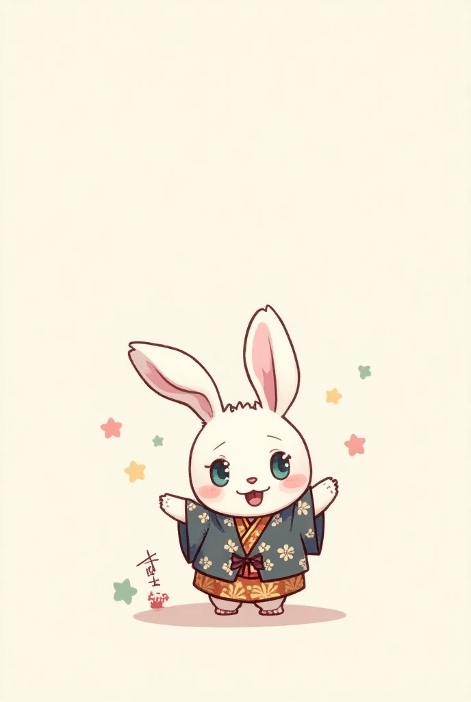 I want a chibi-style image of a rabbit wearing rokero clothes with long ears and eyes of different colors to this happy greeting