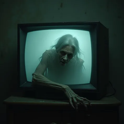 The ghost of an old woman, scary-looking, crawls off the TV