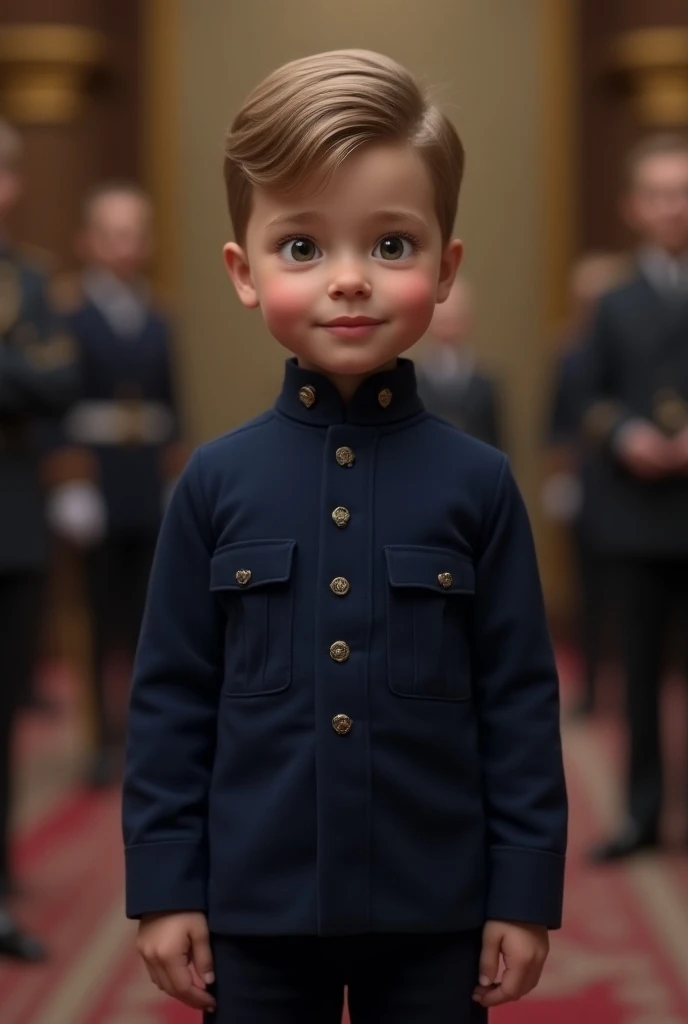 a British prince, real person, a boy, tween, , short hair, wearing a simple navy blue tunic and matching pants, attend in the coronation event