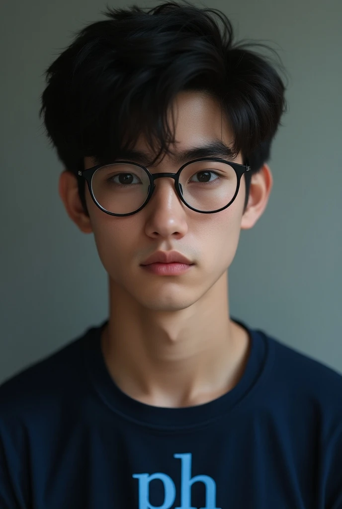 Realistic 17-year-old white man with black hair wearing round glasses and he has thick eyebrows is wearing a dark blue shirt with light blue written ph 