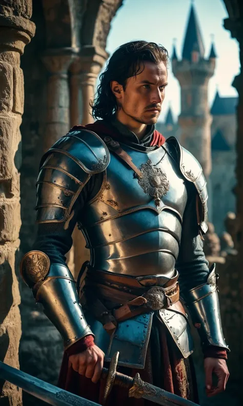 a highly detailed portrait of a Croatian medieval warrior, medieval armor, detailed face features, piercing eyes, strong facial features, muscular physique, holding a sword, medieval castle background, dramatic lighting, cinematic composition, moody color ...