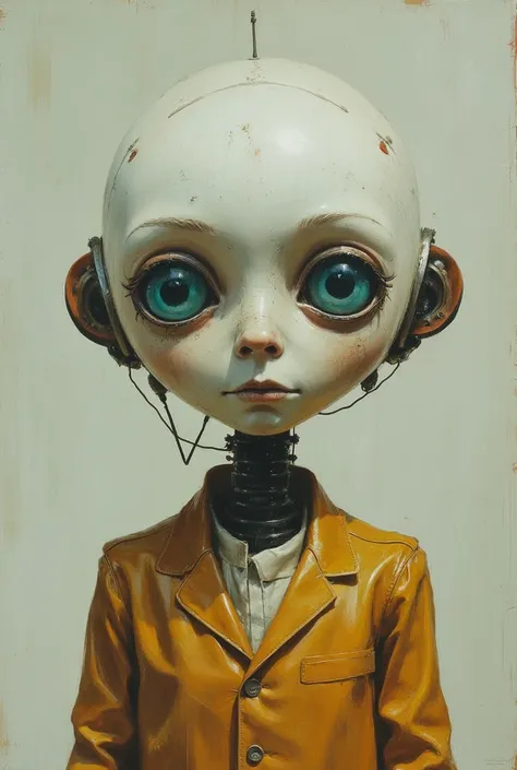 Full view. Little funny robot, porcelain face and head, big turquoise eyes, perfect eyes, best quality.  Beautiful cinematic impressionistic painting, minimalism.  Dark creepy in the style of Jeremy Mann and Charles Dana Gibson, Mark Demsteder, Paul Hadley...