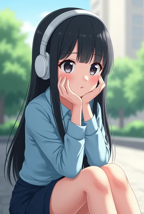 young woman with long, straight black hair is sitting outdoors, wearing white over-ear headphones. she is dressed in a light blu...