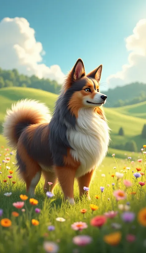 "In a peaceful, sunlit meadow brimming with vibrant wildflowers and framed by a backdrop of rolling green hills, a unique hybrid of a Shetland Sheepdog and Maine Coon Cat stands proudly. Its large, fluffy coat is a blend of the Maine Coon’s luxurious, flow...