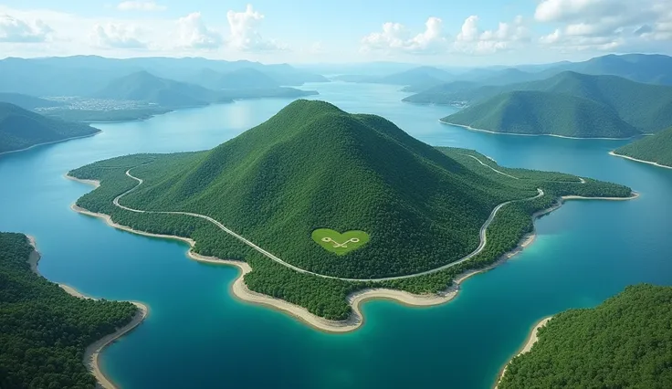 The image shows an aerial view of a large but low, lush green hill with a prominent peak in the middle. The hill is covered in dense forest, with a variety of textures from the different types of vegetation. Surrounding the hill are narrow winding roads th...