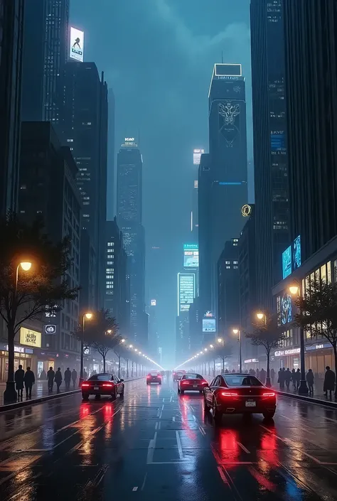  Create an image of a cyberpunk city, Vision of an avenue ,  its raining and at night  