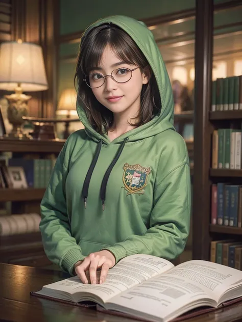 (a 20 yo woman,in a dark library), (A hyper-realistic), (high-level image quality), (beautiful hairstyle), (short-hair), Gentle smile, large brest, lipsticks, (Wearing glasses), (murky, wide, at library) , florals, wearing green hoodies
