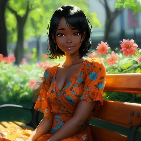 Anime smiling black woman in a floral dress sitting on a bench in a dark room, taken in the early 2020s, about 3 , she is about 2 , mid 2 0s female, very very low quality picture, 3 0 years old woman, 30 years old woman, she is about 30 years old