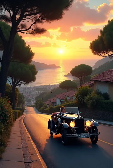 peacefull roads,trees,sidewalk,sea view,hills,lights,realistic,beautiful sky,sunset,driving rare antique car,night view.