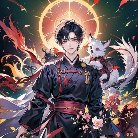 A twenty-year-old man with a handsome face, handsome short black hair, slightly parted, wearing a purple Hanfu, big eyes with purple pupils, a fox with nine tails like snow and a phoenix as red as fire behind him, a golden halo behind him, a powerful aura,...