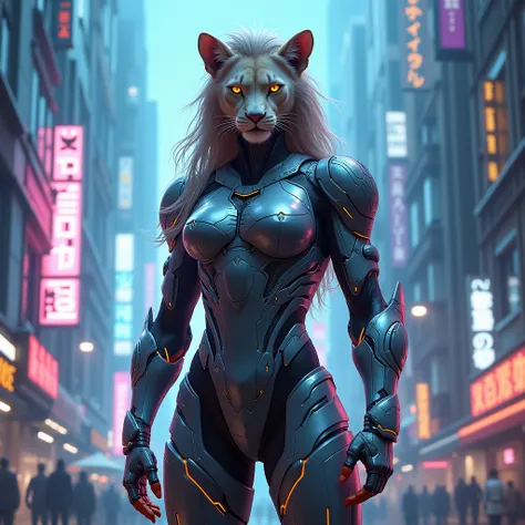 "A powerful lioness warrior dressed in sleek, futuristic body armor, standing in front of a holographic cityscape with neon signs."