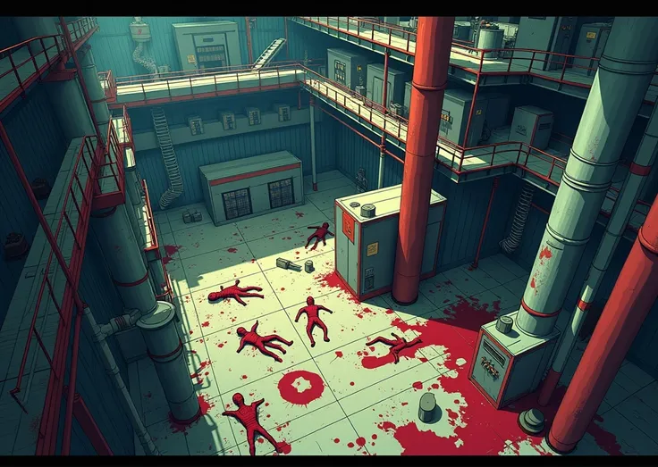 A factory that took place the serial killer crime scene seen from above in cartoon style 