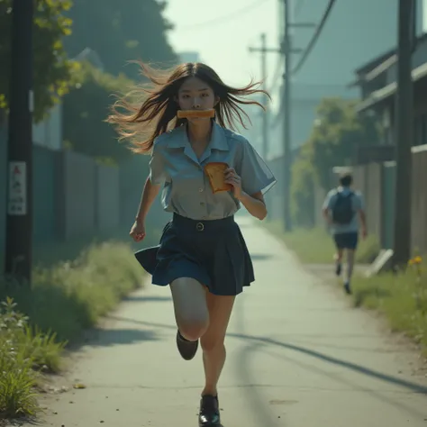 (((from Side))), High school girl running while Mouth holding toasted bread, Going to school, behind time, try as hard as one can, Full Power Sprint, (Live-Action, ProfessionalPhoto), Ethereal and Haunting, (Unbuttoned), [Navel], Micro MiniSkirt, penny loa...