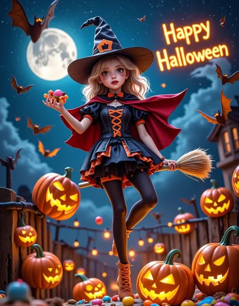 photography style, panoramic top-down shot, in the night sky, full moon, (cute witch is flying in the sky on a broomstick:1.5), ...