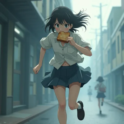 ((MiyamasuZaka(from Side))), High school girl running while Mouth holding toasted bread, Going to school, behind time, try as hard as one can, Full Power Sprint, (Live-Action, ProfessionalPhoto), Ethereal and Haunting, (Unbuttoned), [Navel], Micro MiniSkir...