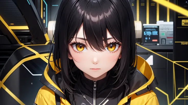 from future intelligence, technology background, complex mission, sudden mystery, unexpected result, unknown variables, strange data, confident look, space black pioneer dress, yellow eyes, black hair