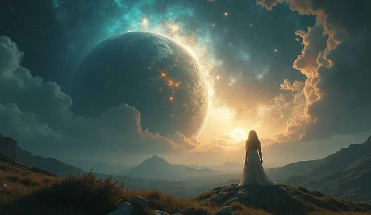 Visualize an awe-inspiring scene where Gaia, the embodiment of the Earth, rises from the primordial void, her figure merging with vast, fertile landscapes, while Urano, the vast sky, envelops the scene with his shimmering star-filled form. The camera captu...