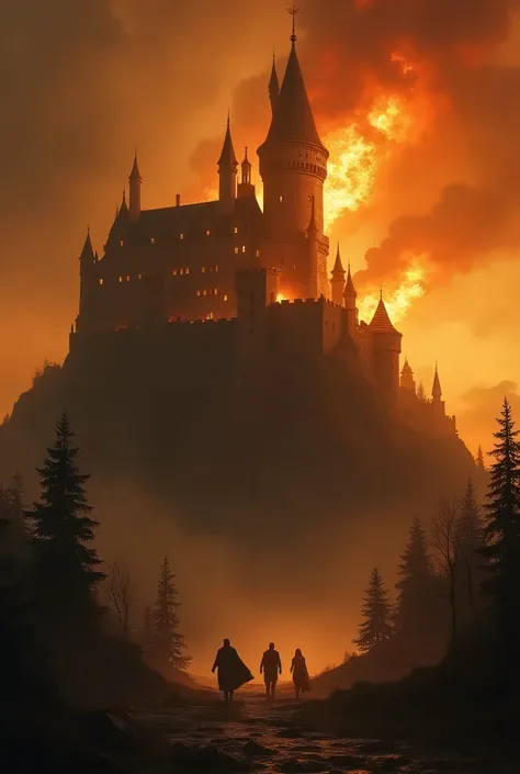 Create an image where a castle is on fire