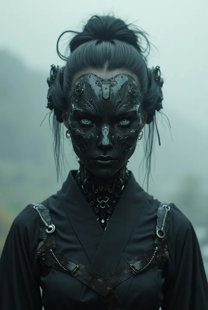 (cybernetic Japanese geisha cybernetic organism 32k--9:16-ar) carbon fiber mask, beautiful face shape, Perfect Anatomy, expressive look, dark science fiction foggy fog, cyborg geisha tattoos, minimalism. (cybernetic geisha, cybernetic organism, full length...