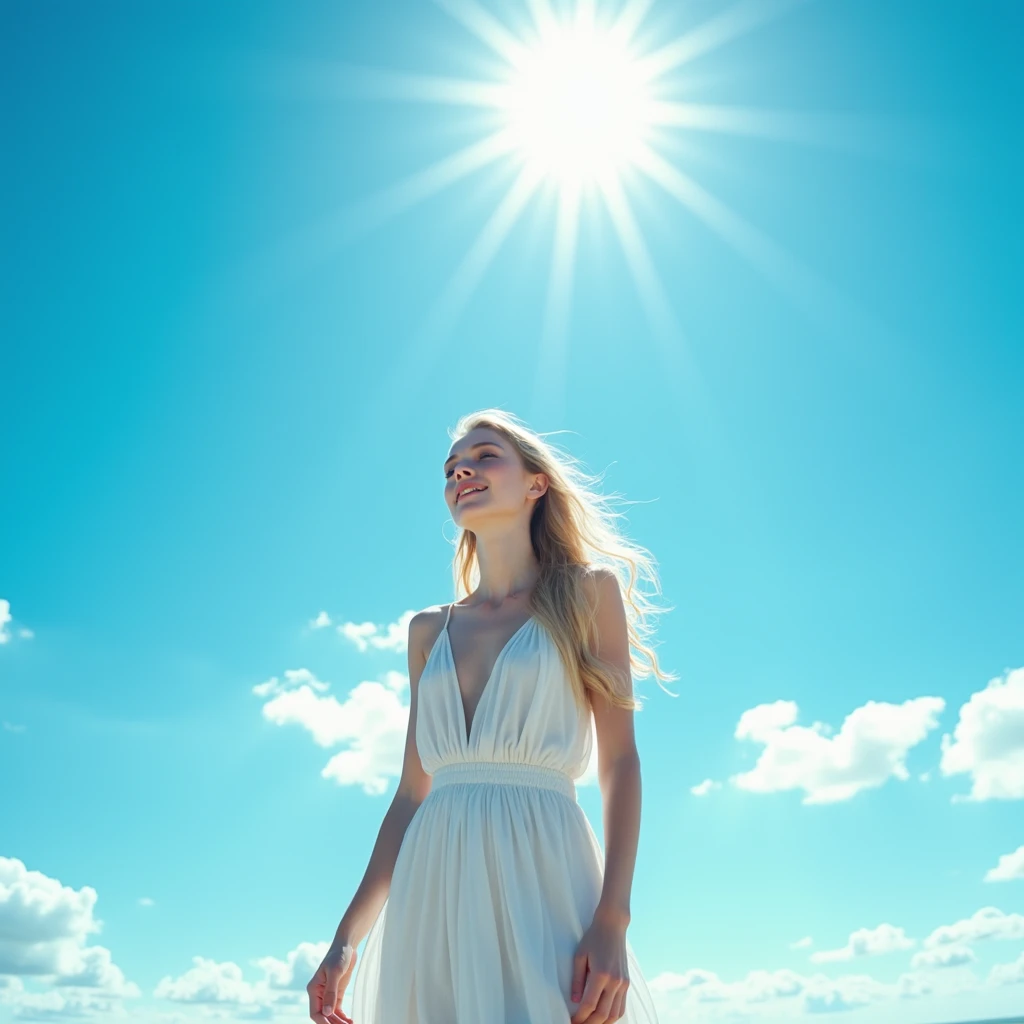 青い空の下で歌う　 white foreign female singer singing under the blue sky