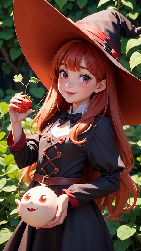 ⒉5D Real Animation Style A small new witch, a white pointed triangular hat, a red-haired semi-sovage glistening in the sun, a large brown drooping eye with a round face and a strawberry-colored lower lip. A witch who is happy to successfully launch a small...