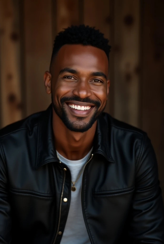 ((masterpiece)) ((photography)) ((Highest quality)) A black man with a shaved face and short black hair is joyfully smiling,. He is dressed in a black lethal jacket, exuding a sense of warmth and wisdom. The background features rustic wooden textures, addi...