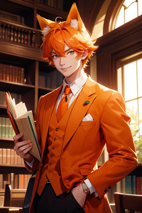 Perfect face. Perfect hands. An orange haired man with orange eyes with orange fox ears and an orange fox tail in a nice suit is smiling in the library
