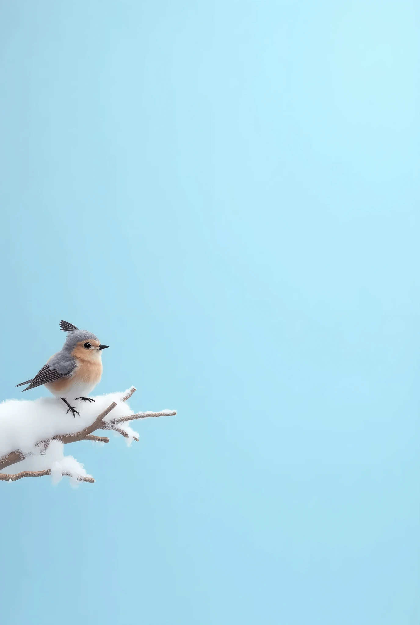 (( Best quality )), ((masterpiece)), (detailed), 3d on a light blue background, a snow-covered branch on the left edge, a winter bird is sitting on it, 8 k