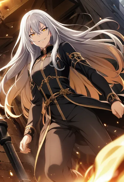 1boy,  silver hair,  long hair , gold-orange eyes, tight black clothes, arrogant smile, CG