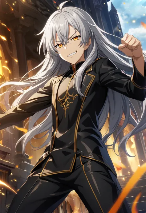 1boy,  silver hair,  long hair , gold-orange eyes, tight black clothes, arrogant smile, CG