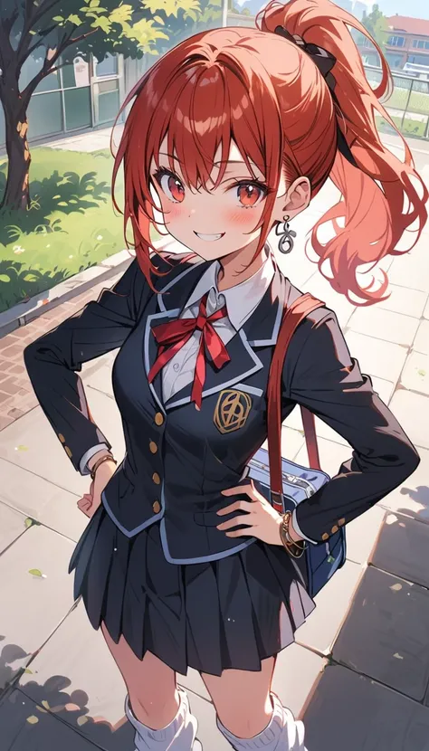 Beauty、 ponytail、smile、Embarrassed、blush、Blazer uniform、 loose socks、stand、 student bag、 bracelet、Earrings、 peace sign、Place your hands on your hips、School、Schoolyard