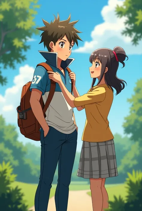 Anime Male Pokemon Trainers wearing a Massive Popped Collar Polo thats taller than his head. He is with standing with his mother she is adjusting her sons Collar 