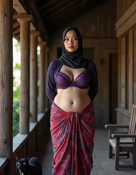 BBW GIGANTIC BIGGER, (((HIJAB MALAY GIRL))), masutepiece, High quality, UHD 32K, Realistic face, Realistic skin feeling , A Malay Lady, , , Very cute and baby-like face, (((FLAT CHEST))), (RUMAH KAYU LAMA), ((look In front  at the camera and SADNESS)), (((...