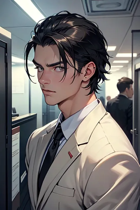 ((best quality)), ((masterpiece)), (detailed), 1man, upper body shot, CEO office background, sharp, angular features, a strong jawline, and piercing grey eyes—except for his left eye, which is clouded over and blind from an attack years ago. He keeps his b...