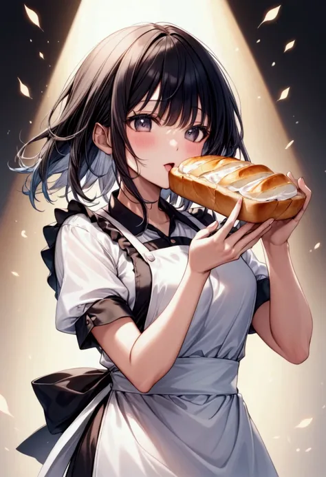 A beautiful woman with semi-long black hair wearing an apron holding up a slice of bread with both hands･Haruna