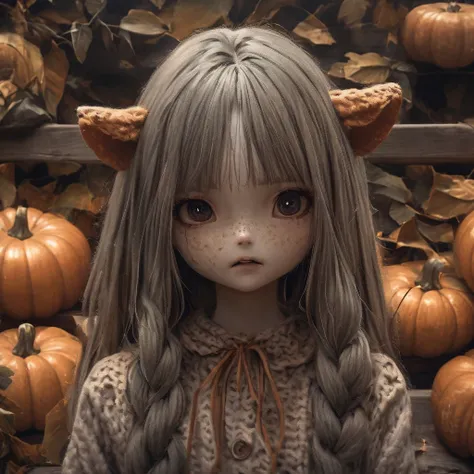  comfortable clothes 、bat ears,  girl surrounded by pumpkins、Alone,  Upper Body Shots ,  horror picture 