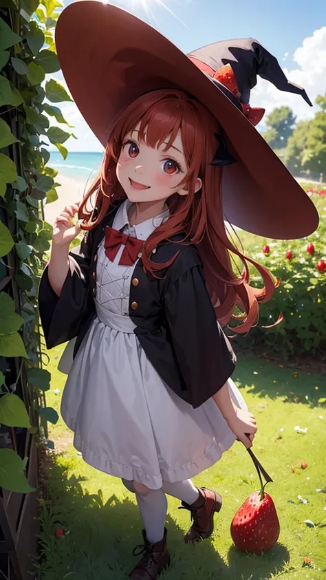 ⒉5D Real Animation Style A small new witch, a white pointed triangular hat, a red-haired semi-sovage glistening in the sun, a large brown drooping eye with a round face and a strawberry-colored lower lip. A witch who is happy to successfully launch a small...