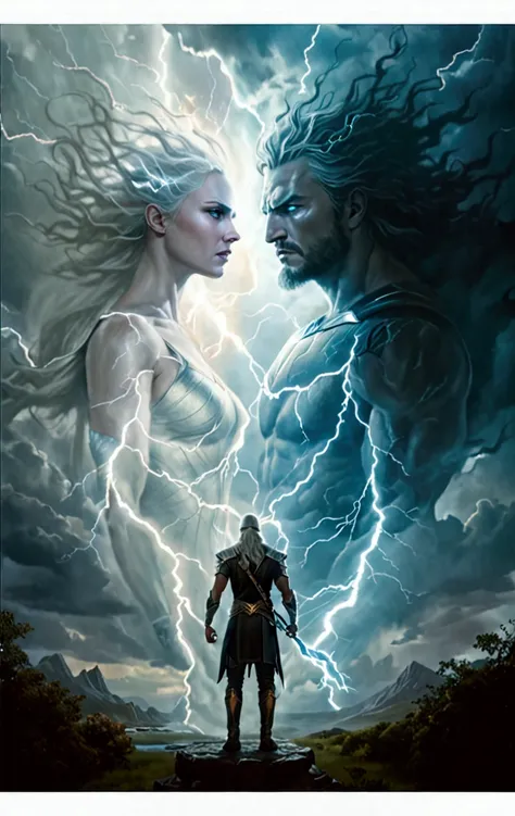 a man and woman facing each other,lightning striking behind them,battle between good and evil,magic and lightning,ice and fire,symmetrical epic fantasy art,graphic artist magali villeneuve,queen of ice and storm,epic clouds and godlike lighting,stormlight ...