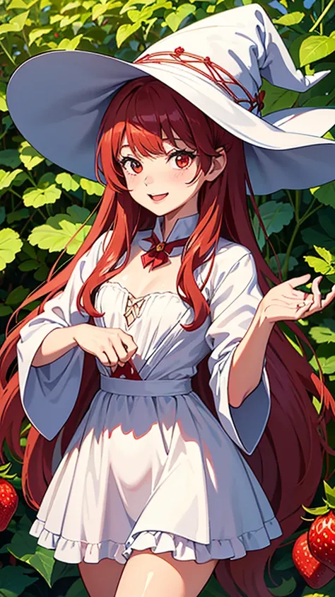 ⒉5D Real Animation Style A small new witch, a white pointed triangular hat, a red-haired semi-sovage glistening in the sun, a large brown drooping eye with a round face and a strawberry-colored lower lip. A witch who is happy to successfully launch a small...