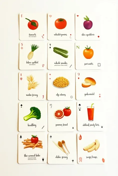 Collection of 20 cards with healthy foods and 20 with unhealthy foods