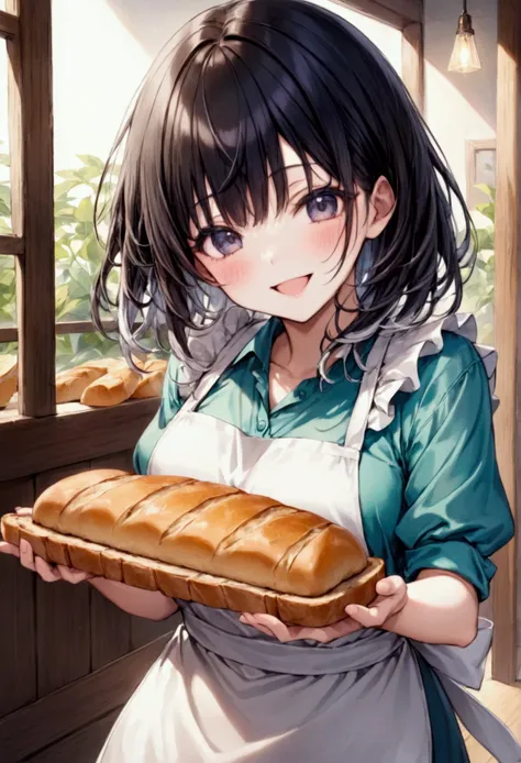 beautiful woman with semi-long black hair wearing an apron holding out a slice of bread with both hands･haruna, lovely, dazzling...