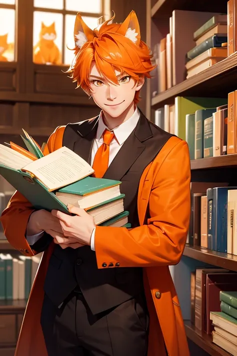 Perfect face. Perfect hands. An orange haired man with orange eyes with orange fox ears and an orange fox tail in a nice suit is smiling while putting books away in the library