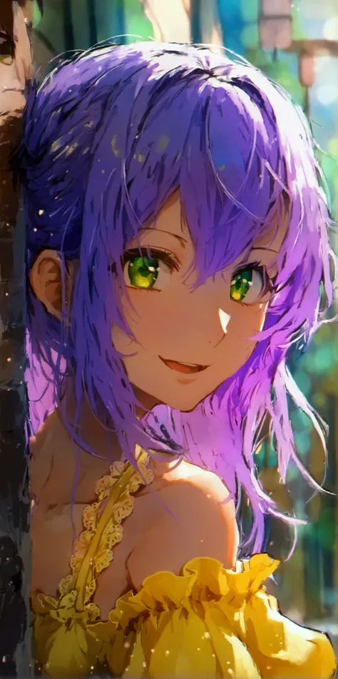 Amane Oohara, 1girl, purple hair, forehead, light purple hair,  long hair, blue hair, green eyes, yellow dress, purple dress, collarbone, squared neck, smile, breast, looking at viewers town, smile, mouth open, 4k, 8k, anime style, 