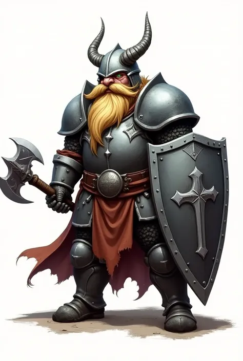  A sturdy dwarf knight stands ,  dressed in iron armor that shines under light .  Your helmet is molded in the shape of a dragon,  with fierce details that accentuate its intimidating presence .  Underneath the helmet , barely visible. His eye ,  green and...