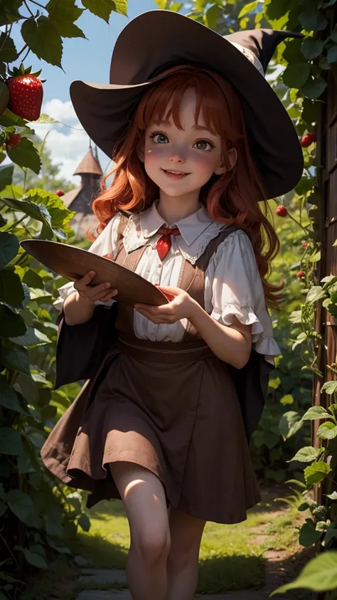 ⒉5D Real Animation Style A small new witch, a white pointed triangular hat, a red-haired semi-sovage glistening in the sun, a large brown drooping eye with a round face and a strawberry-colored lower lip. A witch who is happy to successfully launch a small...