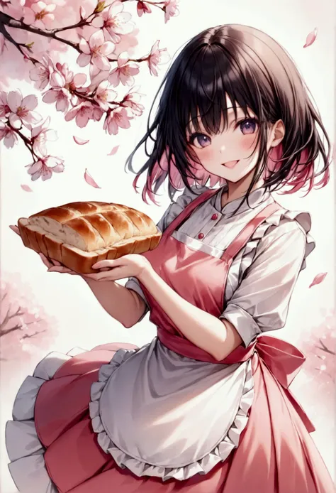 beautiful woman with semi-long black hair wearing an apron holding out a slice of bread with both hands･haruna, lovely, dazzling...