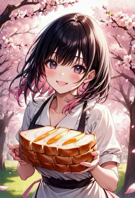 beautiful woman with semi-long black hair wearing an apron holding out a slice of bread with both hands･haruna, lovely, dazzling...