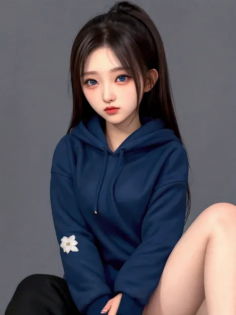 1 girl in a black hoodie, solo, Long Hair, blue eyes, Brown Hair,  Japanese Women