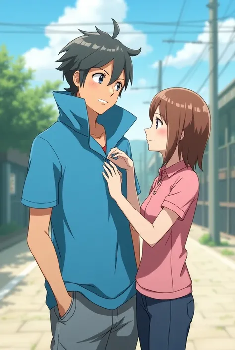 Anime Male Pokemon Trainers wearing a Massive Blue Popped Collar Polo thats taller than his head. He is with standing with his mother she is wearing a Pink Polo while adjusting her  sons Collar 